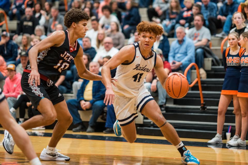 Harrison Forward Malachi King (41) drives to the basket during the boy’s basketball between the Harrison Raiders and the Lafayette Jefferson Bronchos, Friday, Dec. 8, 2023, at Harrison High School in West Lafayette, Ind. Harrison defeated Jeff 62-61.