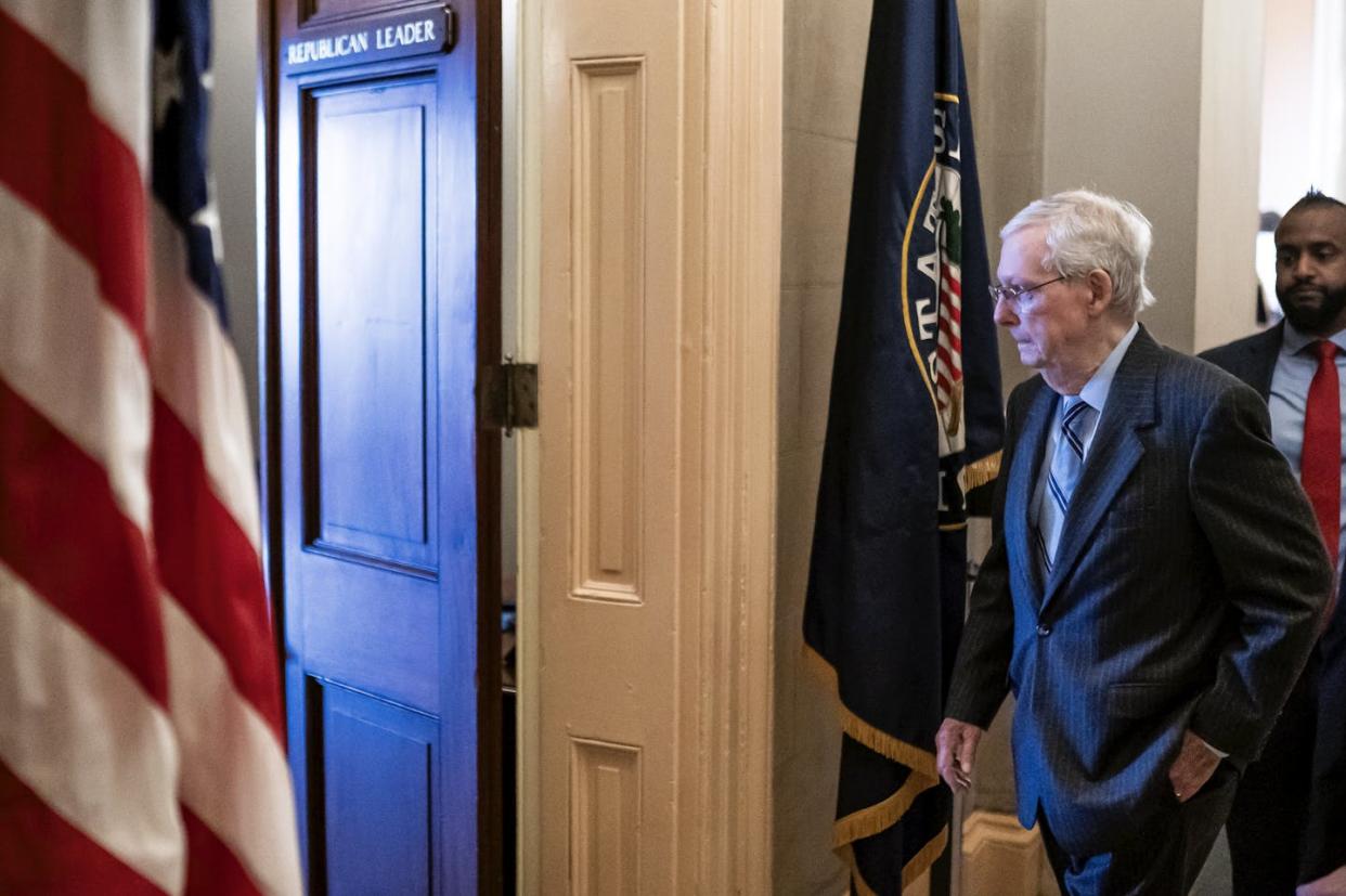 Senate Minority Leader Mitch McConnell departs the Senate chamber on February 28, 2024 in Washington, DC. <a href="https://www.gettyimages.com/detail/news-photo/senate-minority-leader-mitch-mcconnell-departs-the-senate-news-photo/2038738239?adppopup=true" rel="nofollow noopener" target="_blank" data-ylk="slk:Photo by Nathan Howard/Getty Images;elm:context_link;itc:0;sec:content-canvas" class="link ">Photo by Nathan Howard/Getty Images</a>