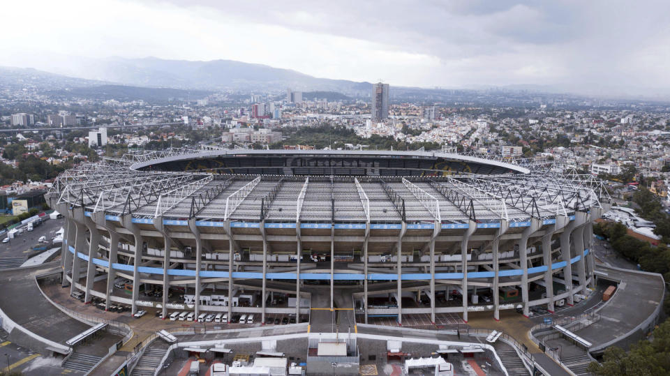 Mexico's Azteca Stadium is seen from above, in Mexico City, Tuesday, Nov. 13, 2018. The NFL has moved the Los Angeles Rams' Monday night showdown with the Kansas City Chiefs from Mexico City to Los Angeles due to the poor condition of the field at Azteca Stadium. (AP Photo/Christian Palma)