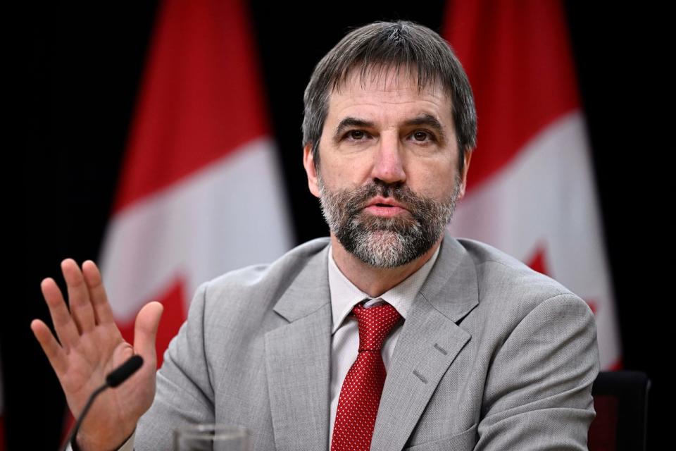 Minister of Environment and Climate Change Steven Guilbeault speaks during a news conference on the implementation of stricter measures to regulate the trade of certain wildlife items, particularly elephant ivory and rhinoceros horn, in Ottawa, on Monday, Nov. 20, 2023.