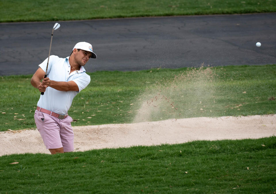 Nicolo Galletti hits out of the sand on the 18th hole on August 3, 2022, during the 2022 Arizona Open at Mesa Country Club, 660 W Fairway Dr., Mesa, Arizona.