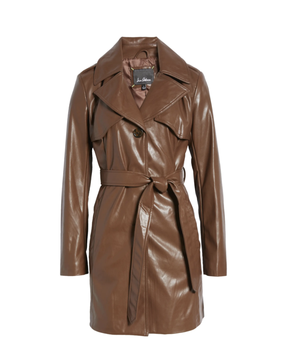 Faux Leather Belted Trench Coat