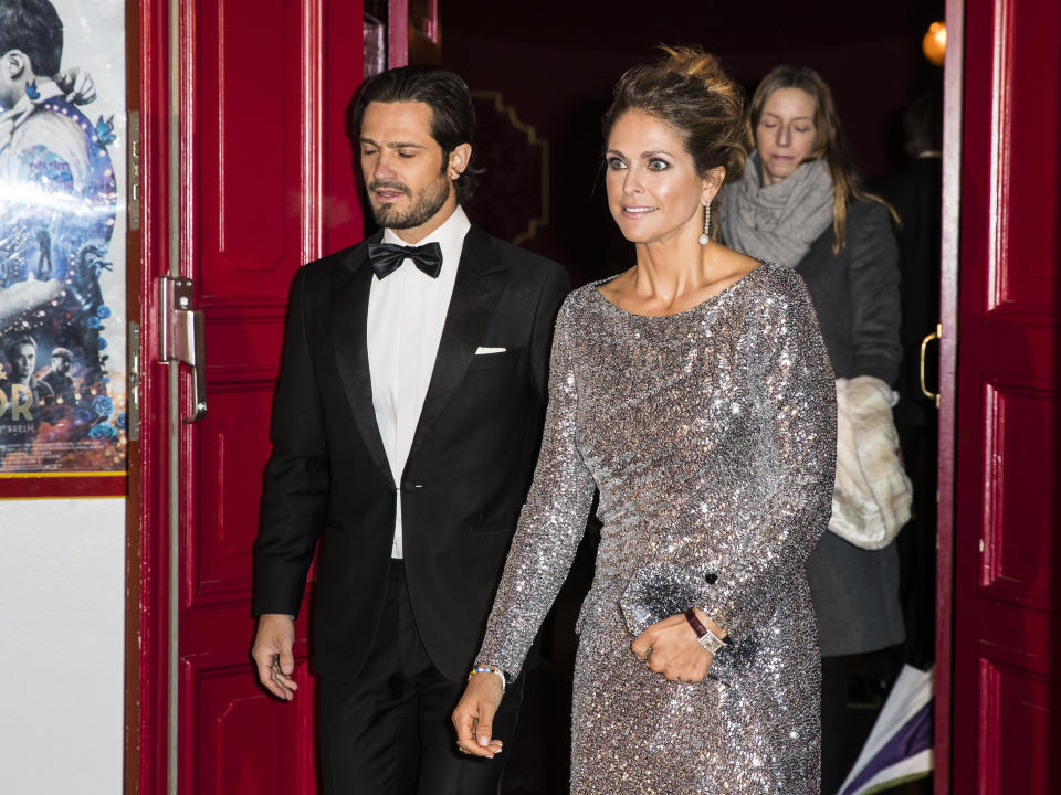 STOCKHOLM, SWEDEN - FEBRUARY 07: Princess Madeleine of Sweden and Prince Carl Phillip of Sweden attend a charity dinner in connection with the World Childhood Foundations 20th anniversary at Tyrol restaurant on February 7, 2019 in Stockholm, Sweden. (Photo by Michael Campanella/Getty Images)