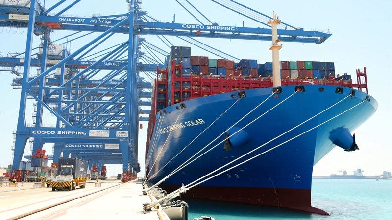 A photo of the bow on a large container ship. 