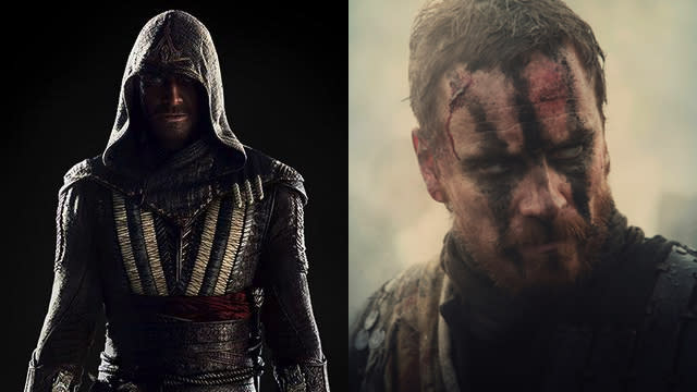 Double, double, scruffy and trouble. This week brings with it looks at two of <strong>Michael Fassbender</strong>’s upcoming films: The video game movie, <em>Assassin’s Creed</em>, and <em>Macbeth</em>, an adaptation of the Shakespeare tragedy. In <em>Creed</em>, Fassbender plays Callum Lynch, a descendant of a secret Assassins Society who is sent back in time by way of his ancestor’s memories. <strong> WACH: Fassbender Gushes Over ‘X-Men’ Co-Star Kodi Smit-McPhee</strong> 20th Century Fox If this first look is any indication, the movie is going to be just as awesome as the games. If only because Fassbender looks like he was plucked right out of the game. He almost looks CGI, don’t you think? Anyway, SECRET BLADES! <em> Assassin’s Creed</em> fans may be confused as to why he is playing a new character and not Desmond Miles, the protagonist of the game, but according to Yahoo, “The movie isn’t retelling any of the existing games, but rather introducing new characters into the same world.” The movie also stars <strong>Marion Cotillard</strong>, though there’s no first look at her character yet -- or even word of which character she’s playing. <strong> PHOTOS: Fassbender and ‘X-Men’ Cast Take Epic Selfie at Comic-Con</strong> The Weinstein Company But! We do get a first look at Cotillard in the other movie she’s costarring in with Fassbender, <em>Macbeth</em>. Both films also have the same director -- <strong>Justin Kurzel</strong> ( <em>Snowtown Murders</em>), who says this take on the Shakespeare play is a darker, murderous “Western.” As for how the trio ended up working on both movies, Kurzel says, “Michael was attached as a producer [on <em>Creed</em>], and he started talking to me about it when we finished <em>Macbeth</em>.” He told <em>The Hollywood Reporter</em> at <em>Macbeth</em>’s Cannes premiere, “It’s a really fascinating and interesting project, and we wanted to work together again. Michael and I thought it would be fantastic if Marion wanted to do it. It’s amazing to continue those relationships and work on something completely different.” Now, check out Fassbender channeling Steve Jobs in the upcoming biopic: