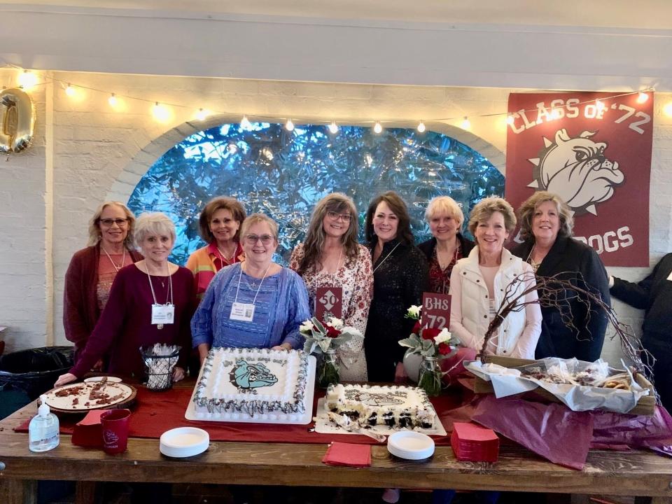Among the Bearden High Class of 1972 reunion committee members at the 50-year gathering at Maple Grove Estate are, from left, Cathy Teague Brown, Jill Holdredge Thompson, Kathy Fox Tallent, chairman Ginger Sloan Billingsley, Carolyn Griffith Holland, Carol Tulley Shipley, Mary Jane Hilton Kirkham, Karen Guthrey Shankles, and Susan Kane Barker.