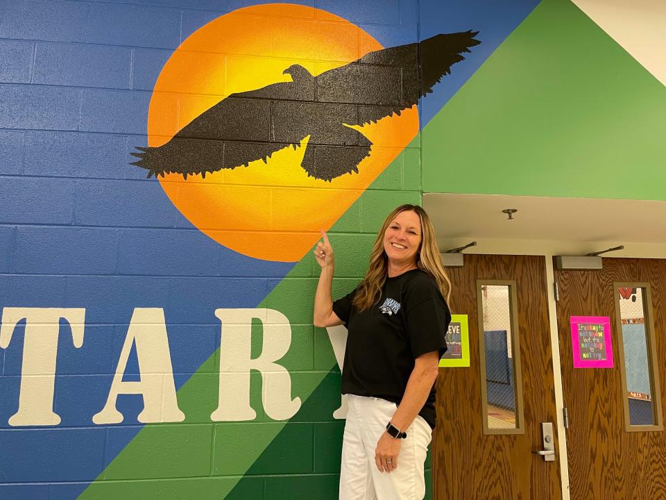 Principal Lynn Jacomen said she loves the hawk mural just outside the administrative offices at Hardin Valley Elementary School Friday, Aug. 19, 2022.