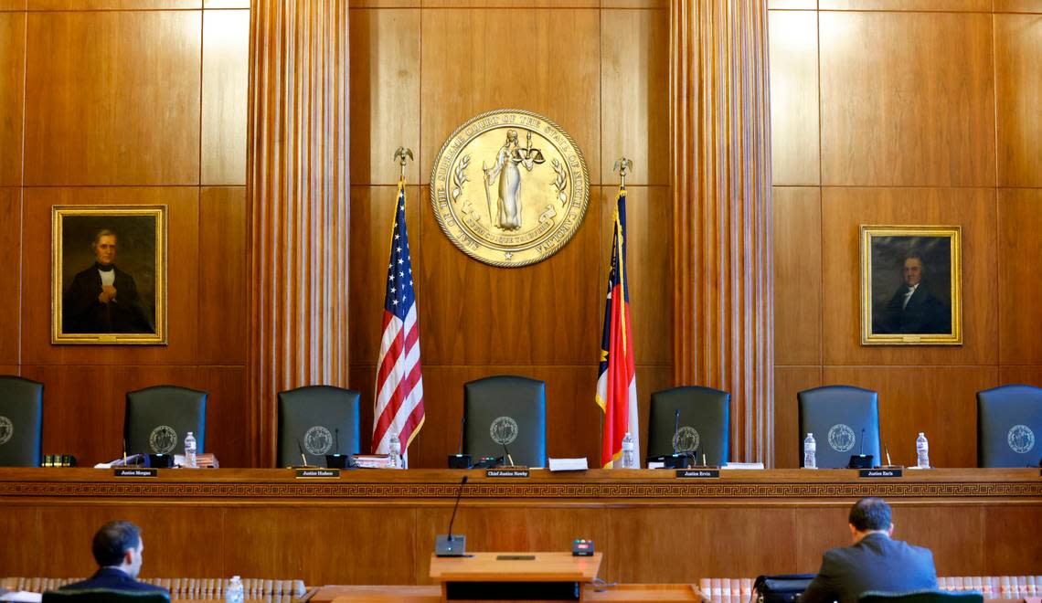 The seal of the Supreme Court of North Carolina is seen in their courtroom at the Justice Building in Raleigh, N.C., Monday, May 9, 2022.