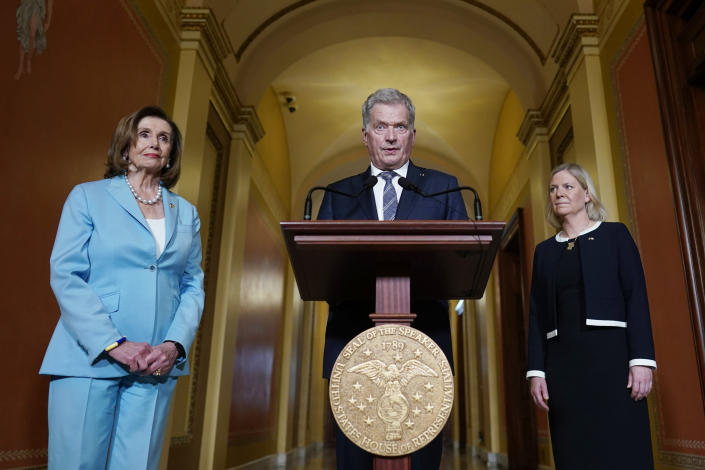 Finnish President Sauli Niinisto speaks as Speaker of the House Nancy Pelosi, D-Calif., and Swedish Prime Minister Magdalena Andersson look on, before a meeting at the Capitol in Washington, Thursday, May 19, 2022. (AP Photo/J. Scott Applewhite)