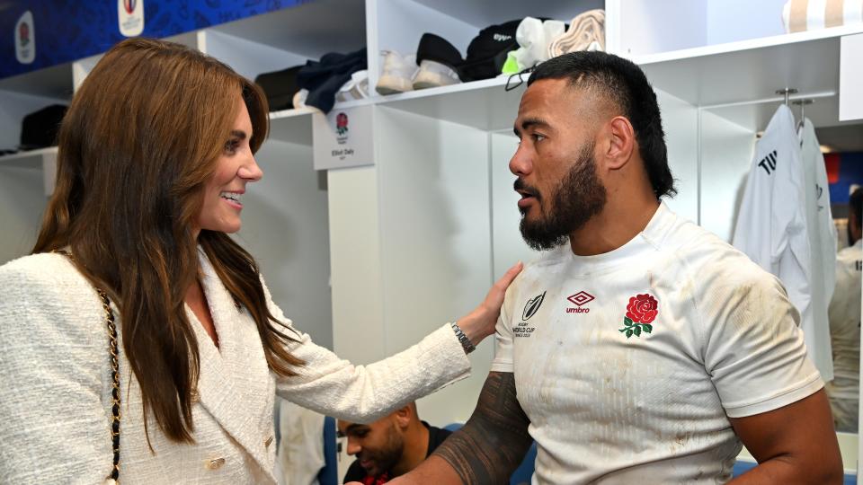 Catherine, Princess of Wales and Patron of the Rugby Football Union congratulates Manu Tuilagi of England