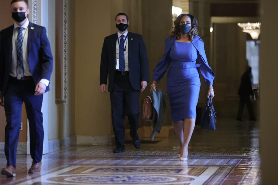House impeachment manager Del. Stacey Plaskett (D-VI) walks to the Senate Chamber on the second day of former President Donald Trump’s second impeachment trial at the U.S. Capitol on February 10, 2021 in Washington, DC. (Photo by Chip Somodevilla/Getty Images)