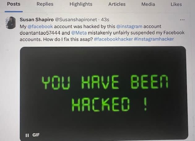 A message the author posted on her social after she was hacked and lost access to her 15,000 online friends and followers.