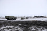 The Bastion anti-ship missile systems move to positions on the Alexandra Land island near Nagurskoye, Russia, Monday, May 17, 2021. Once a desolate home mostly to polar bears, Russia's northernmost military outpost is bristling with missiles and radar and its extended runway can handle all types of aircraft, including nuclear-capable strategic bombers, projecting Moscow's power and influence across the Arctic amid intensifying international competition for the region's vast resources. (AP Photo/Alexander Zemlianichenko)