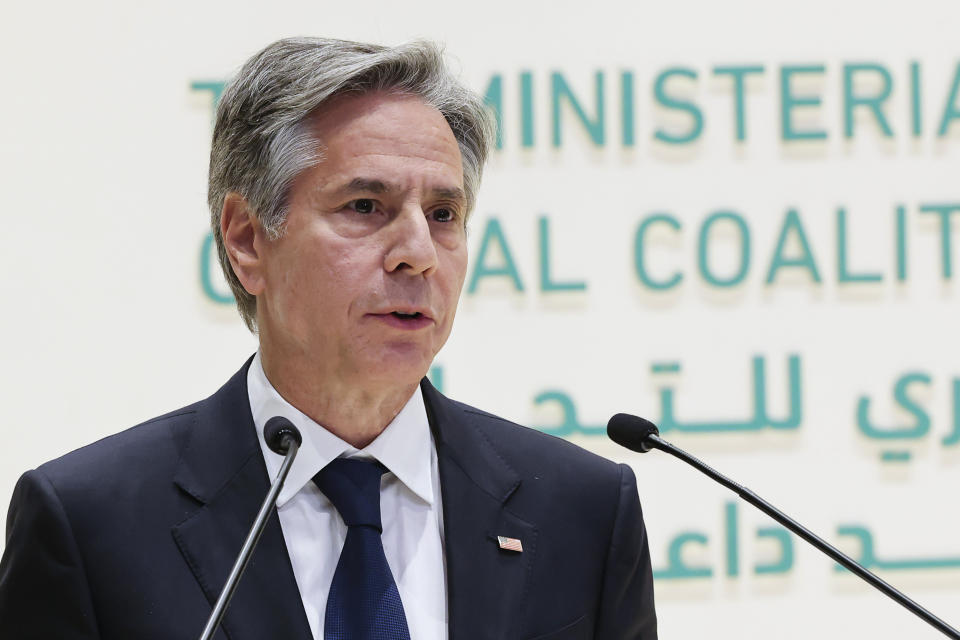 Secretary of State Antony Blinken speaks as he attends a joint news conference with Saudi Arabia's Foreign Minister Prince Faisal bin Farhan, not pictured, at the Intercontinental Hotel in Riyadh, Saudi Arabia, Thursday, June 8, 2023. (Ahmed Yosri/Pool Photo via AP)