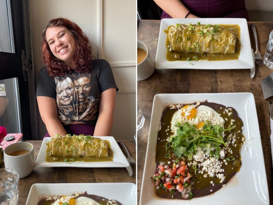 A burrito and chilaquiles with green-chile sauce.