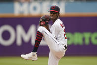 Cleveland Indians starting pitcher Triston McKenzie delivers in the first inning in the first baseball game of a doubleheader against the Kansas City Royals, Monday, Sept. 20, 2021, in Cleveland. (AP Photo/Tony Dejak)