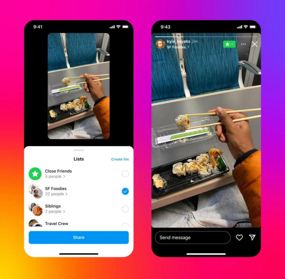 Capturas de pantalla de Instagram que muestran una mano sosteniendo un sushi y varias listas de amigos debajo.