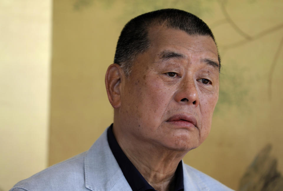 FILE - Hong Kong media tycoon Jimmy Lai pauses during an interview in Hong Kong on July 1, 2020. On Thursday, Feb. 1, 2024, two U.S. lawmakers announced a nomination for Lai, who is now standing trial on national security charges, and three other jailed Chinese dissidents, for the Nobel Peace Prize. While hundreds of people are often nominated for the annual prize, this nomination is certain to draw a sharp rebuke from Beijing. (AP Photo/Vincent Yu, File)