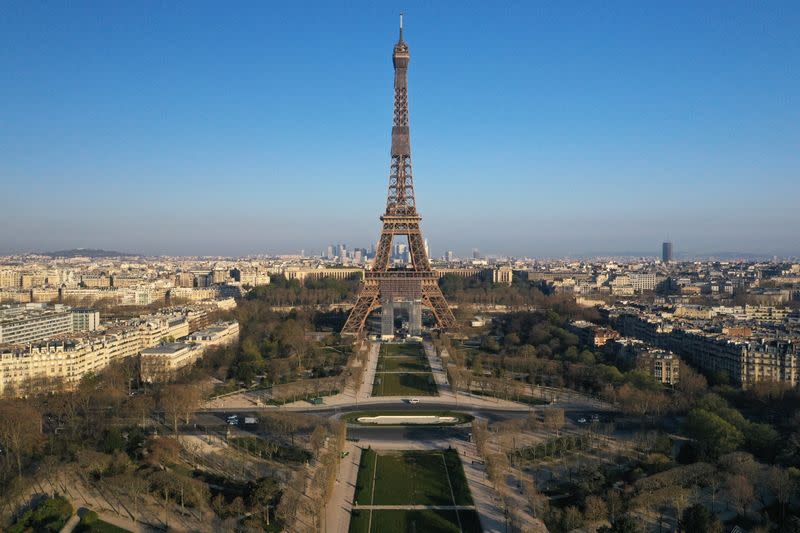 Aerial view of empty streets around monuments in Paris during coronavirus disease outbreak