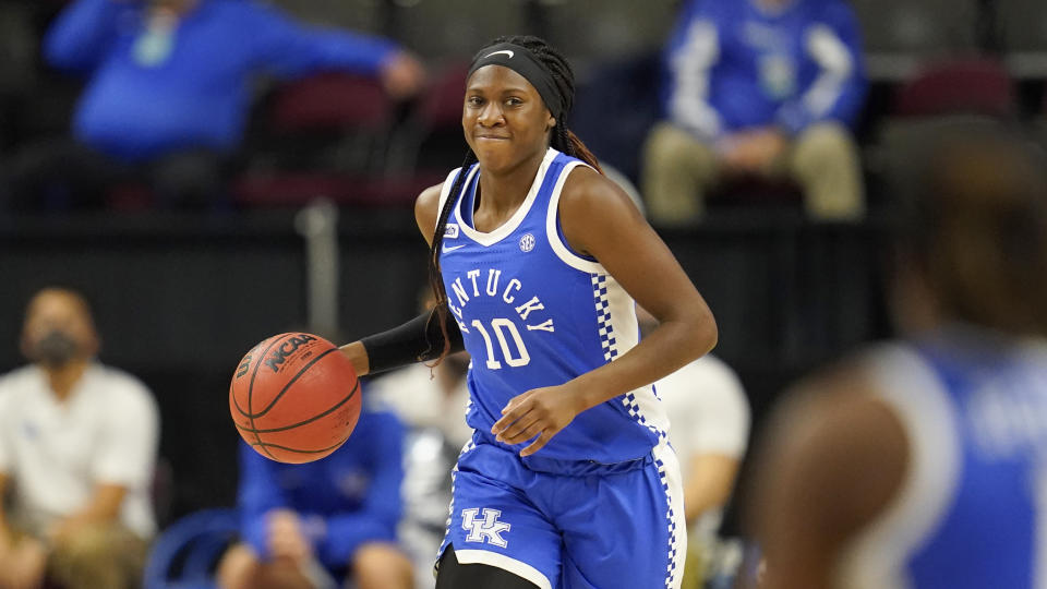 FILE - Kentucky guard Rhyne Howard (10) brings the ball down court against Texas A&M during the first half of an NCAA college basketball game in College Station, Texas, in this Thursday, Jan. 7 2021, file photo. Howard was named to the preseason Associated Press NCAA college basketball All-America team on Tuesday, Oct. 26, 2021. (AP Photo/Sam Craft, File)