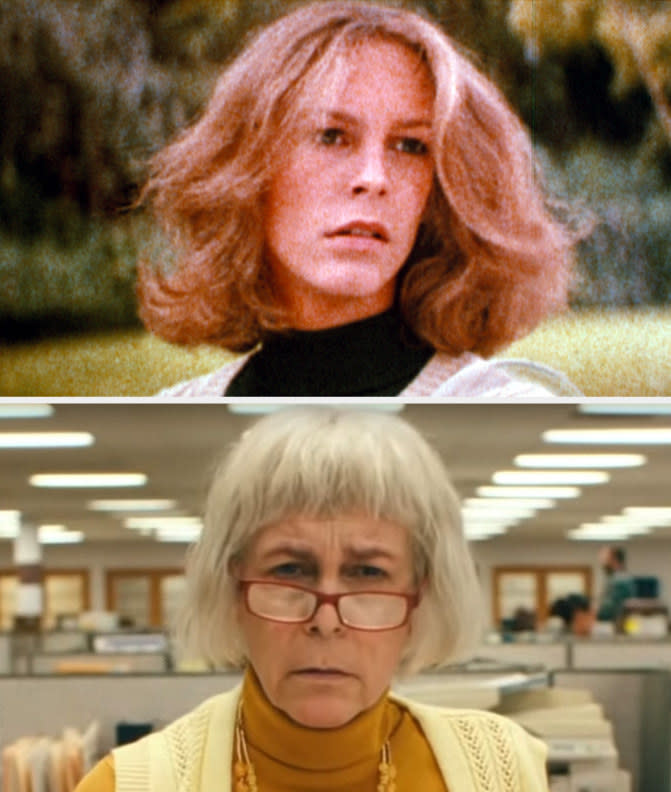 Above, a closeup of her in Halloween, below, a closeup of her as the mean tax lady in Everything Everywhere All At Once