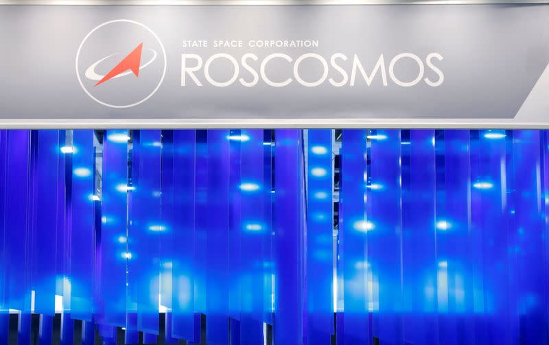 FILE PHOTO: The logo of Russian Federal Space Agency Roscosmos is pictured at the ILA Berlin Air Show in Schoenefeld