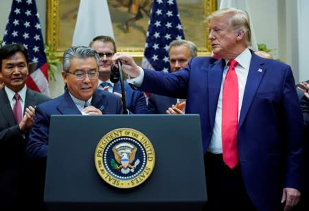 U.S. President Donald Trump holds signing ceremony for the U.S.-Japan Trade Agreement at White House in Washington