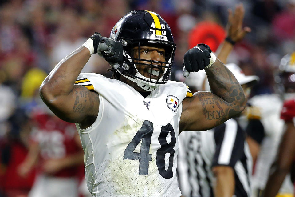 Pittsburgh Steelers outside linebacker Bud Dupree (48) celebrates a tackle against the Arizona Cardinals during the first half of an NFL football game, Sunday, Dec. 8, 2019, in Glendale, Ariz. (AP Photo/Rick Scuteri)