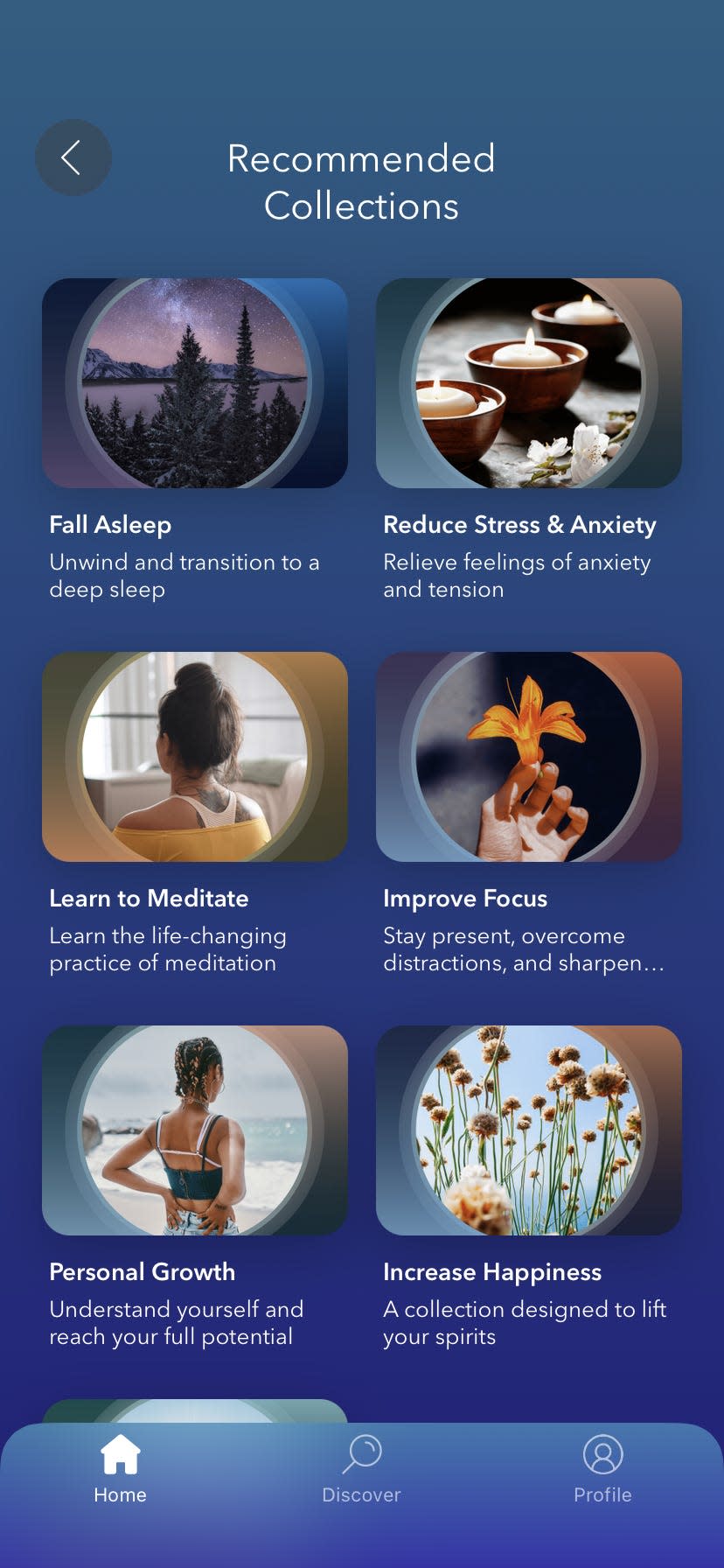 thumbnail images of various meditation sessions in a screenshot of the meditation app Calm