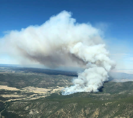 Smoke is seen from a fire in this aerial shot above Eagle Nest, New Mexico, U.S., May 31, 2018 in this picture obtained from social media on June 2, 2018. Justin Hawkins/via REUTERS