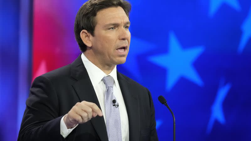 Florida Gov. Ron DeSantis speaks during a Republican presidential primary debate hosted by NBC News on Wednesday, Nov. 8, 2023, at the Adrienne Arsht Center for the Performing Arts of Miami-Dade County in Miami.