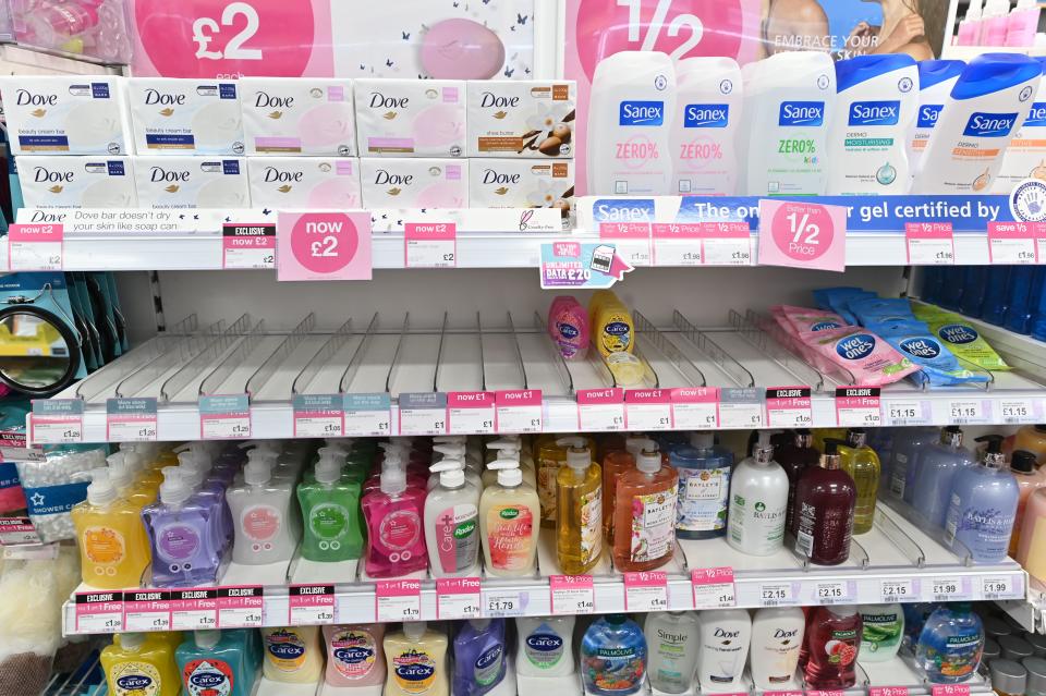 A picture shows empty shelves where hand sanitiser gels have sold out in a drug store in London February 4, 2020. - Pharmacies and drug stores say they have seen a spike in sales of hand sanitiser amid concern about the outbreak of Coronavirus. (Photo by JUSTIN TALLIS / AFP) (Photo by JUSTIN TALLIS/AFP via Getty Images)