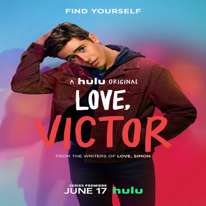 Young boy with hand in hair, standing, with text on top of image reading Love, Victor.