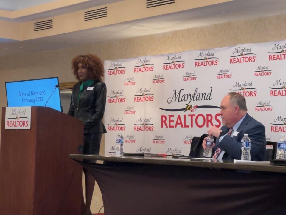 Yolanda Muckle, 2023 President of the Maryland REALTORS, speaks at a press conference for the State of Maryland Housing annual report. Muckle said there was a need for over 100,000 additional housing units statewide.