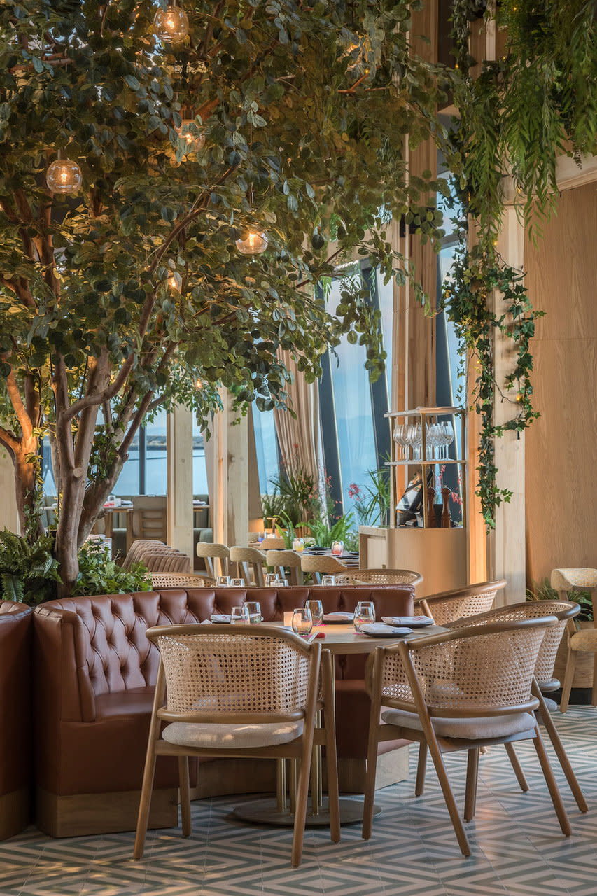 Intimate dining space underneath a full-size tree in Mexico City's Ling Ling restaurant.