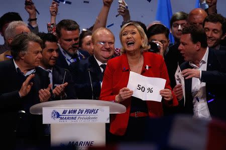 Marine Le Pen, French National Front (FN) political party leader and candidate for French 2017 presidential election, reacts a the end of her campaign rally in Paris, France, April 17, 2017. REUTERS/Pascal Rossignol