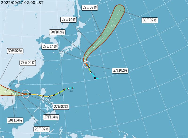 雙颱共舞，中央氣象局預測路徑這樣走。（圖／中央氣象局）