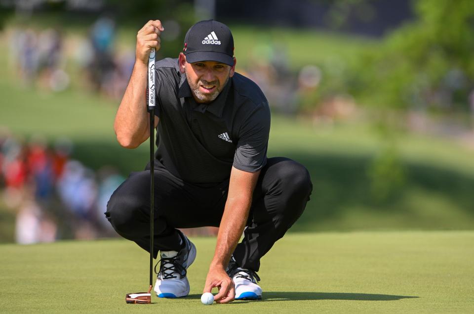 Sergio Garcia lines up a putt on the ninth green during the first round of the 2022 PGA Championship on May 19.