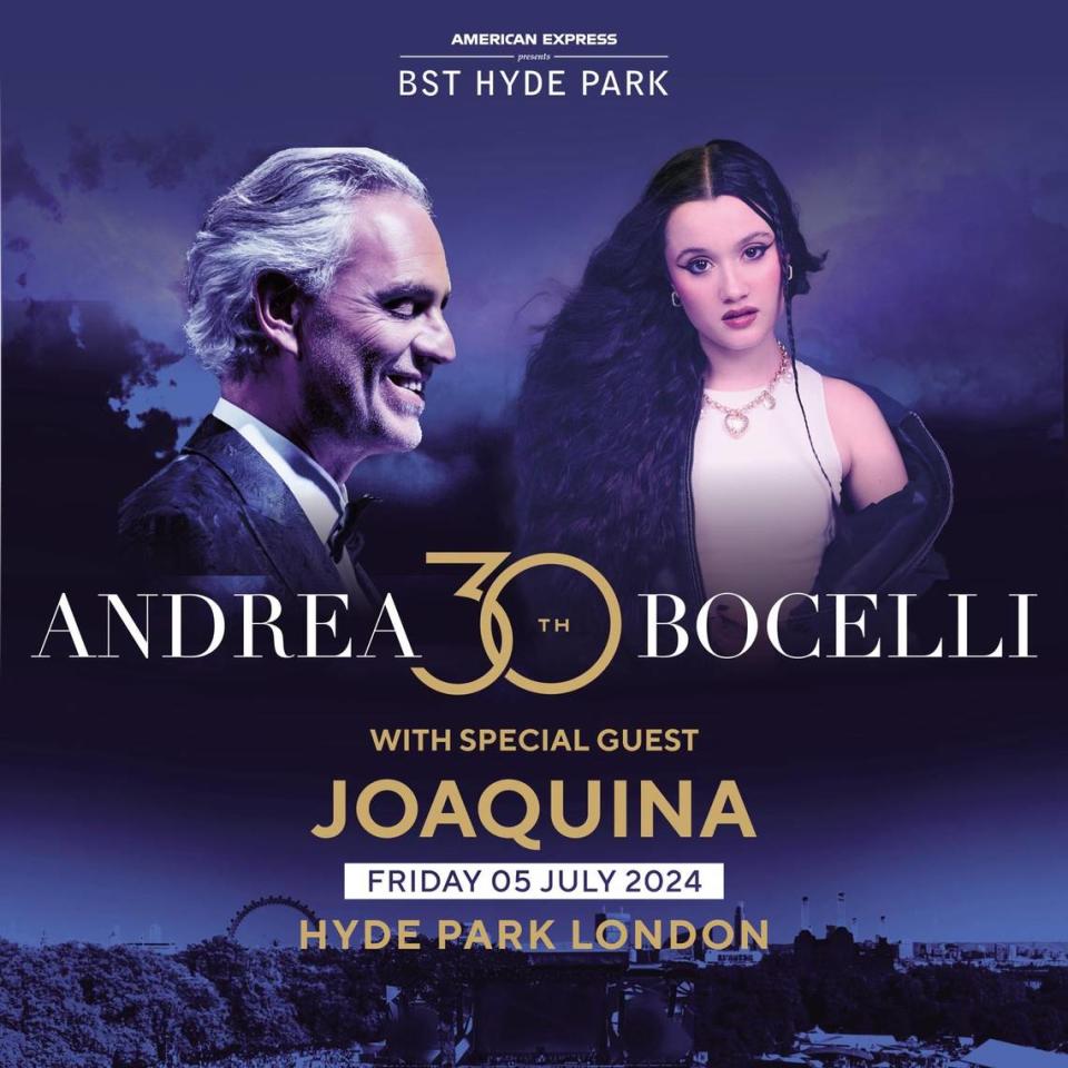 Joaquina sera la unica artista latina invitada a la presentación de los 30 años de carrera de ANDREA BOCELLI junto a la Royal Philharmonic Orchestra en Hyde Park el próximo 5 de julio.