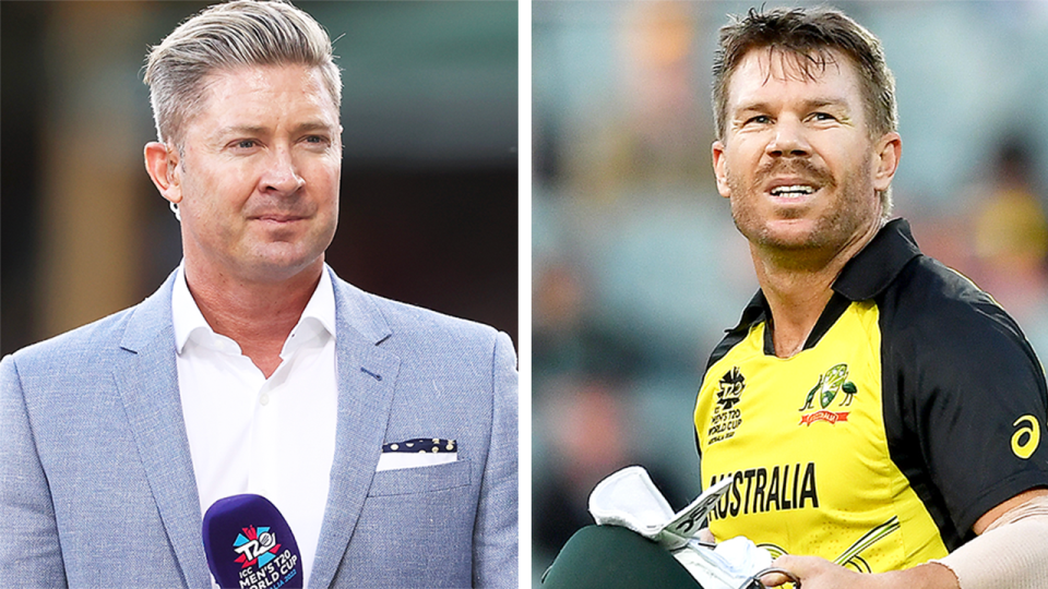 Michael Clarke (pictured left) during commentary and (pictured right) David Warner walking off.