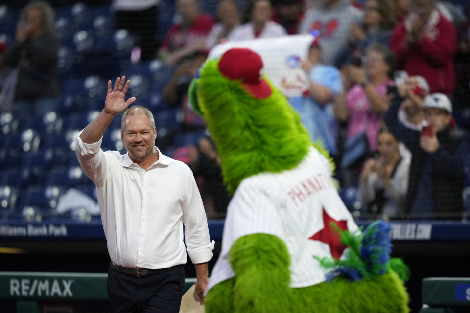 Former Philadelphia Phillies' Scott Rolen waves prior to being inducted into the Phillies' Wall of Fame before a baseball game between the Philadelphia Phillies and the New York Mets, Friday, Sept. 22, 2023, in Philadelphia. (AP Photo/Matt Slocum)