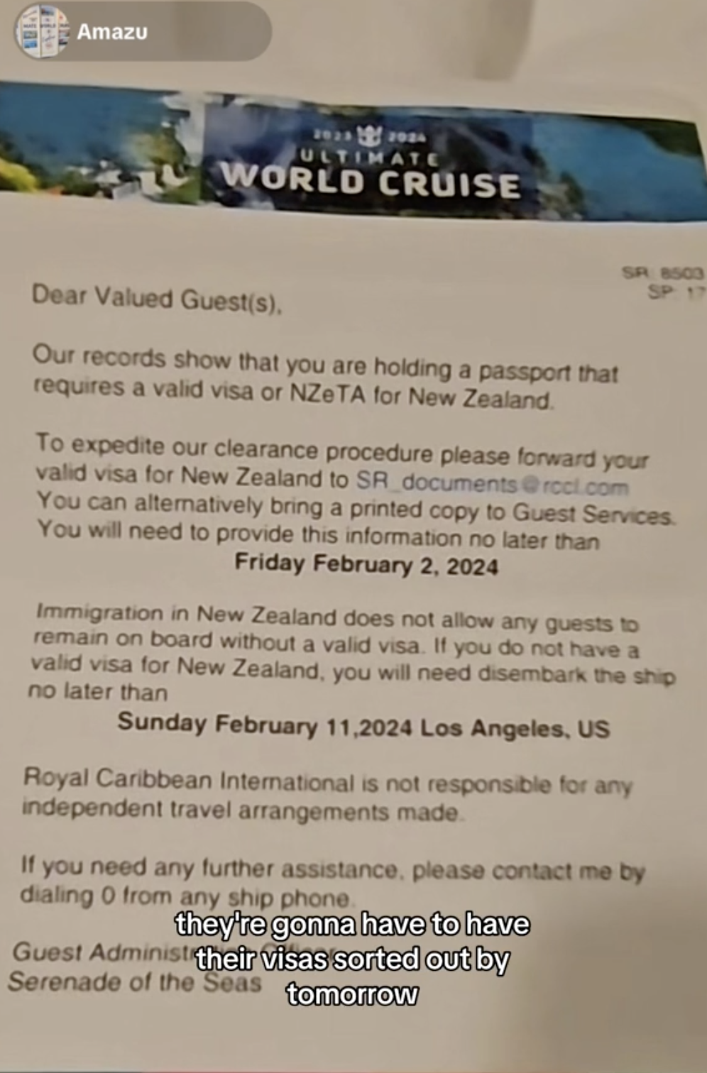 The letter some passengers on the Ultimate World Cruise received states they need to ensure they have their electronic visa's or face being disembarked (TikTok)