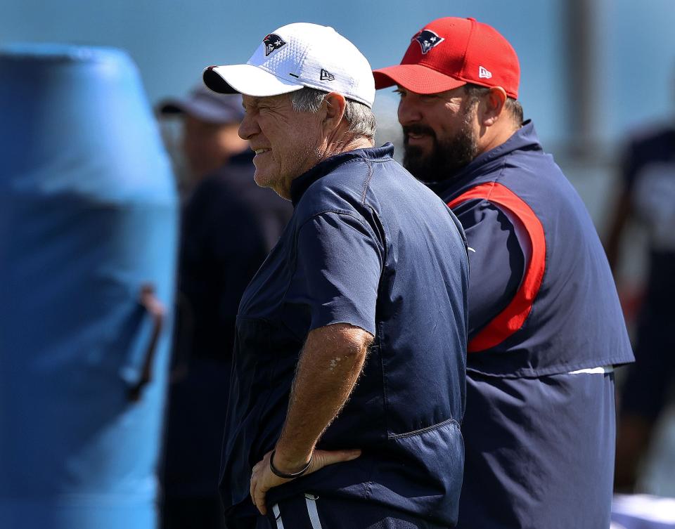 Foxborough, MA - July 31:  New England Patriots head coach Bill Belichick with Matt Patricia, Senior Football Advisor, on Day 4 of Patriots training camp in Foxborough, MA on July 31, 2021. (Photo by Barry Chin/The Boston Globe via Getty Images)