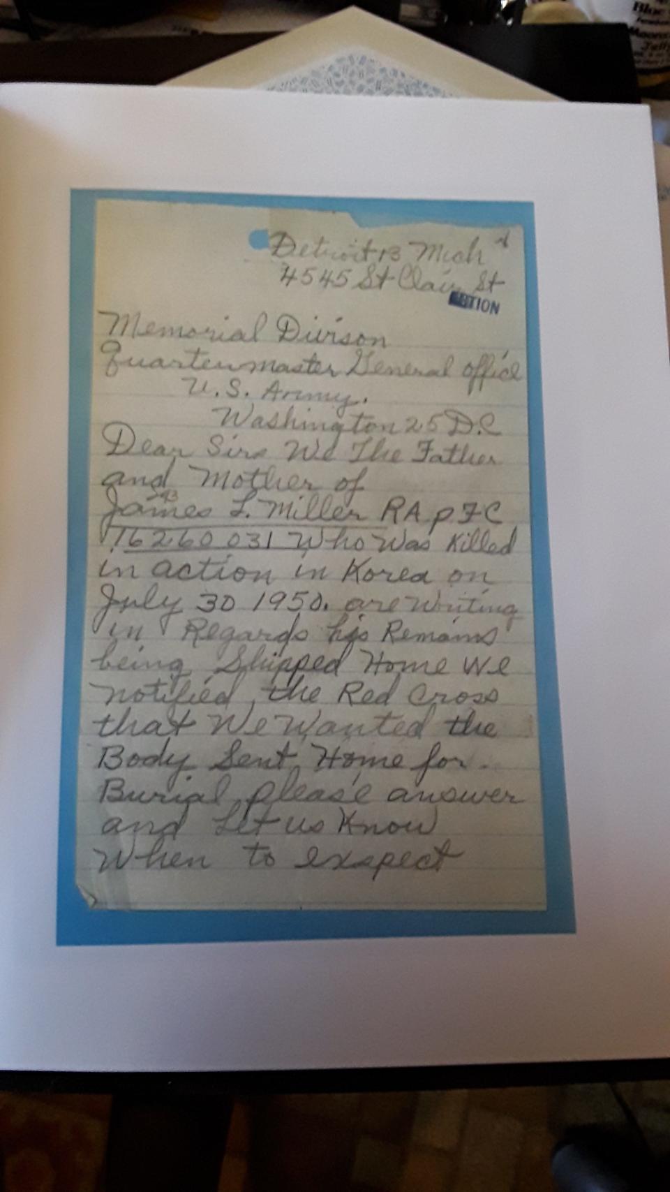 Letter from the mother of James L. Miller, a Korean War soldier who had been missing for over 70 years. His remains are to be interred in Holly, Michigan, on Aug. 25, 2023.