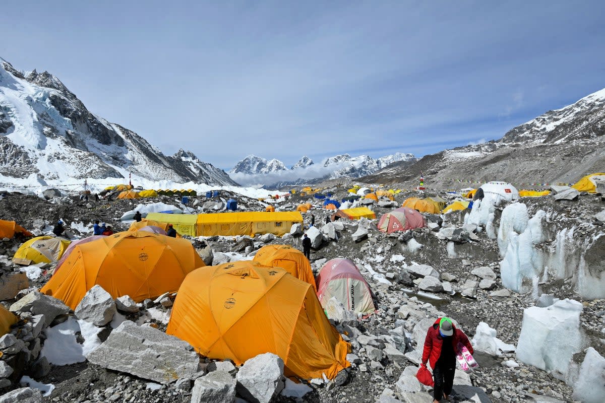 Tents belonging to mountaineers at the Everest base camp in the Mount Everest region of Solukhumbu district on 3 May 2021 (AFP via Getty)