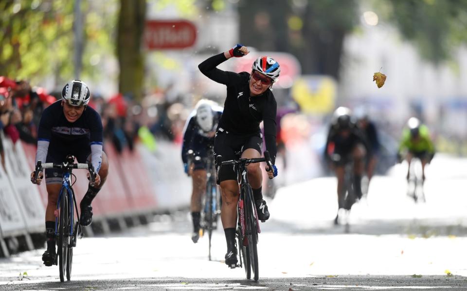 Amy Pieters of Netherlands and Team SD Worx celebrates winning during the 7th The Women's Tour 2021 - Stage 2 a 102,2km stage from Walsall to Walsall / @thewomenstour / #UCIWWT /on October 05, 2021 in Walsall, England. - GETTY IMAGES