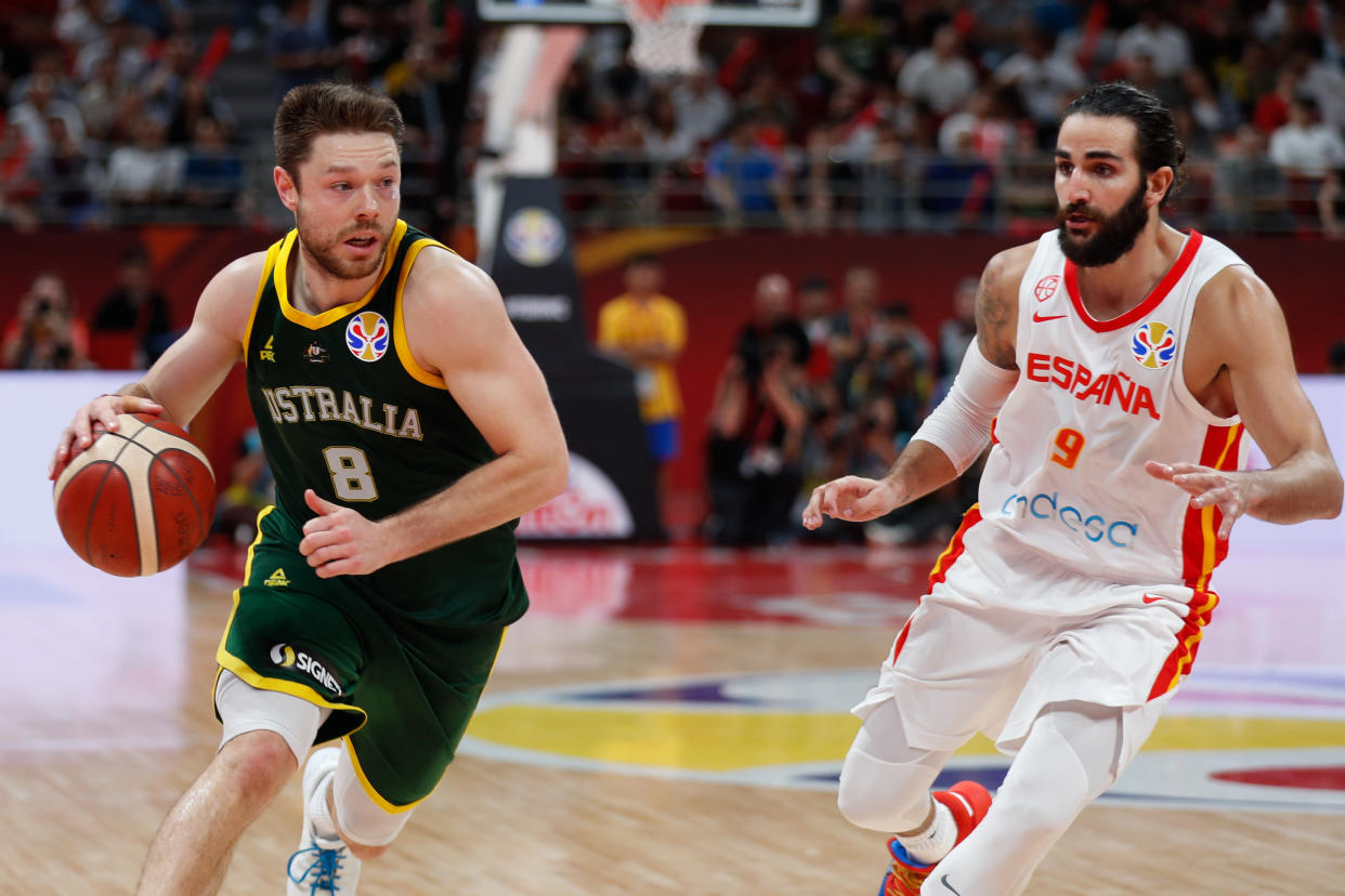 BEIJING, CHINA - SEPTEMBER 13: Andrew Bogut #6 of Australia handles the ball during FIBA World Cup 2019 semi-final match between Spain and Australia at Wukesong Sport Arena on September 13, 2019 in Beijing, China. (Photo by VCG/VCG via Getty Images)