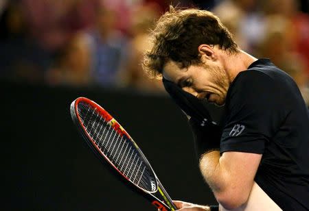 Britain's Andy Murray reacts during his final match against Serbia's Novak Djokovic at the Australian Open tennis tournament at Melbourne Park, Australia, January 31, 2016. REUTERS/Thomas Peter