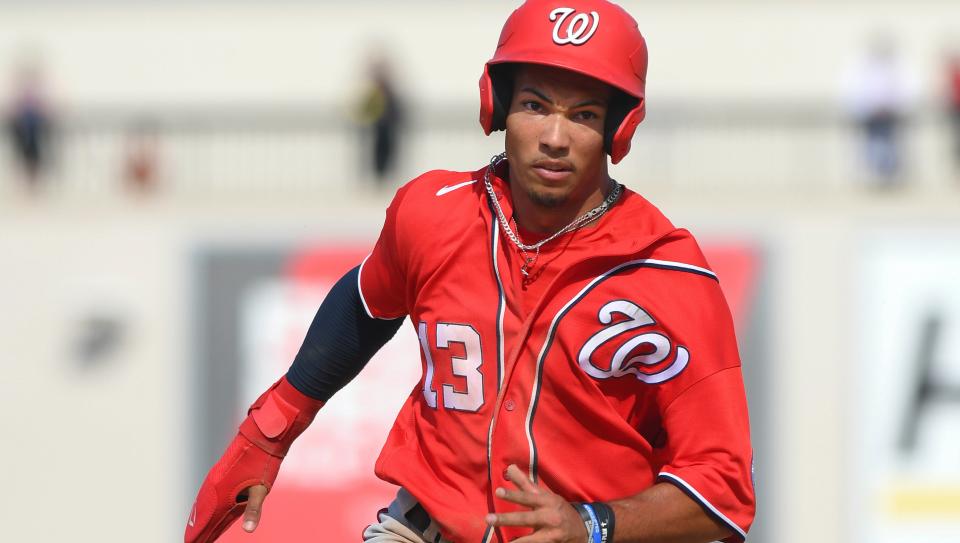 LAKELAND, FL - MARCH 08:  Daylen Lile #13 of the Washington Nationals runs the bases during the Spring Training game against the Detroit Tigers at Publix Field at Joker Marchant Stadium on March 8, 2023 in Lakeland, Florida. The Tigers defeated the Nationals 2-1.  (Photo by Mark Cunningham/MLB Photos via Getty Images)