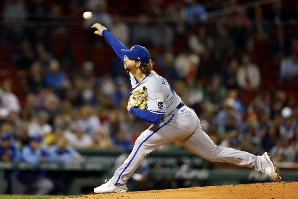 Kansas City Royals' Jonathan Heasley pitches during the first inning of the team's baseball game against the Boston Red Sox, Friday, Sept. 16, 2022, in Boston. (AP Photo/Michael Dwyer)